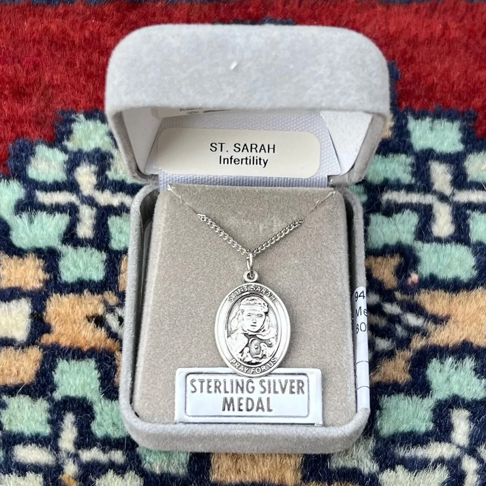 St. Sarah Sterling Silver Oval Religious Medal Necklace 18” Curb Chain
